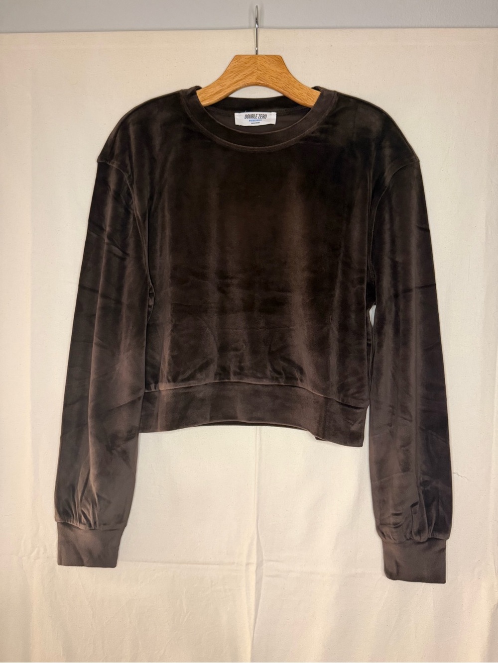 NWOT Double Zero Velour Cropped Crewneck Sweatshirt - Dark Brown